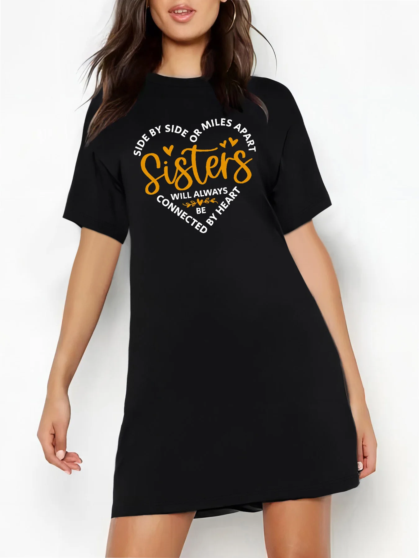 SISTERS Letter Design Graphic Summer Women\'s Long Fashion Drop Shoulder T-Shirt Dress