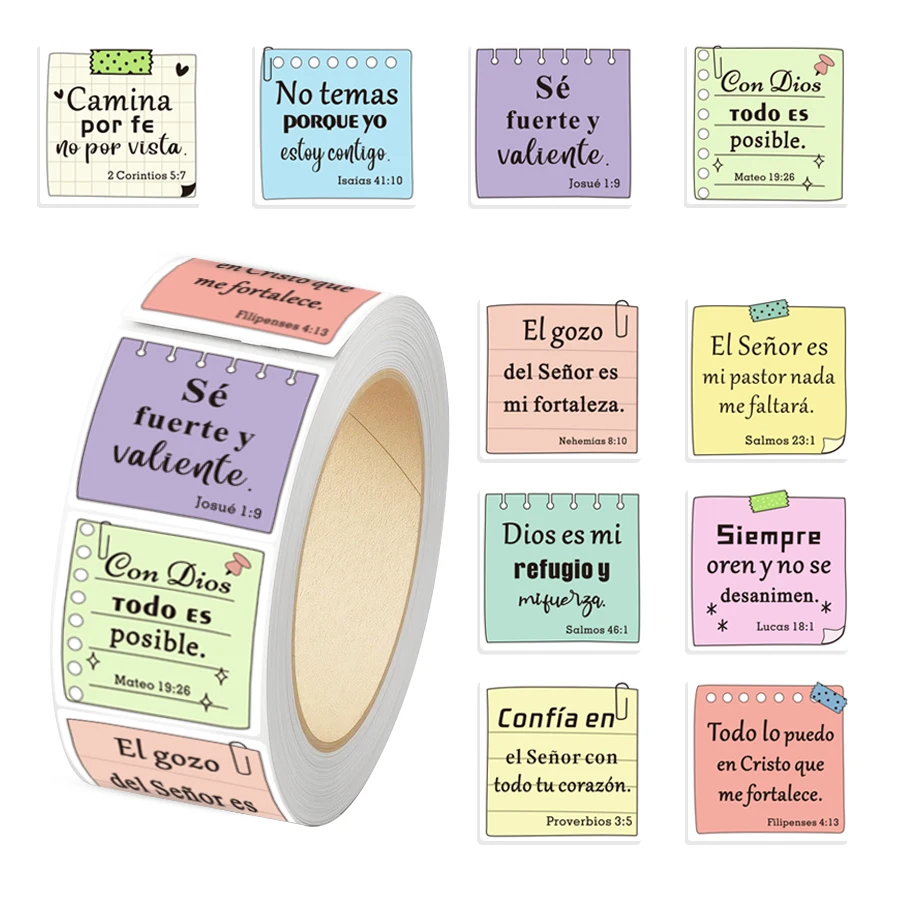500 Pcs Spanish Bible Verse Stickers Roll, Inspirational Faith Quote Labels for Journals, Gift Packaging