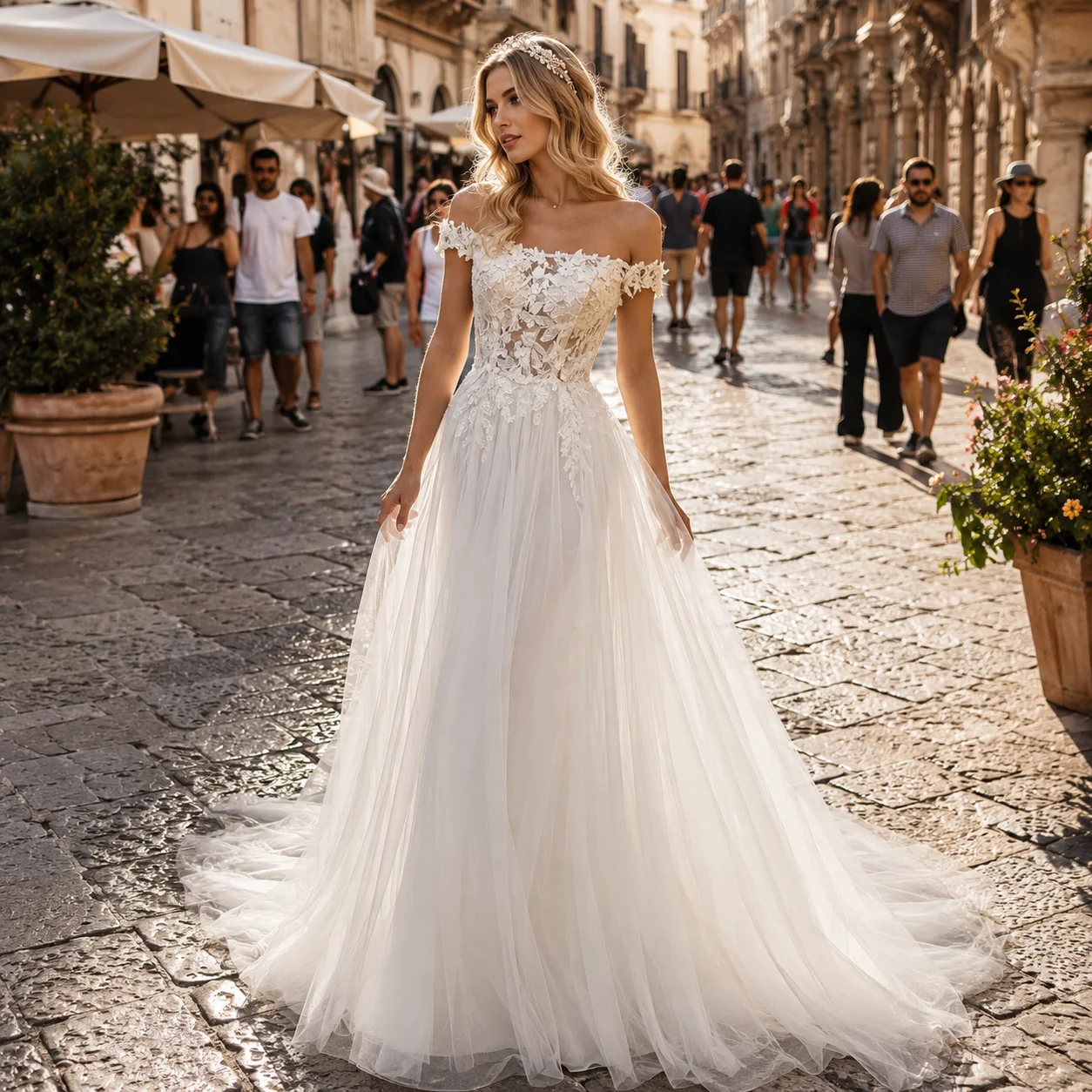 Customized A Line Wedding Dress Boho Off Shoulder Lace Appliques Tulle Bridal Dress Illusion Backless Luxury Wedding Dresses