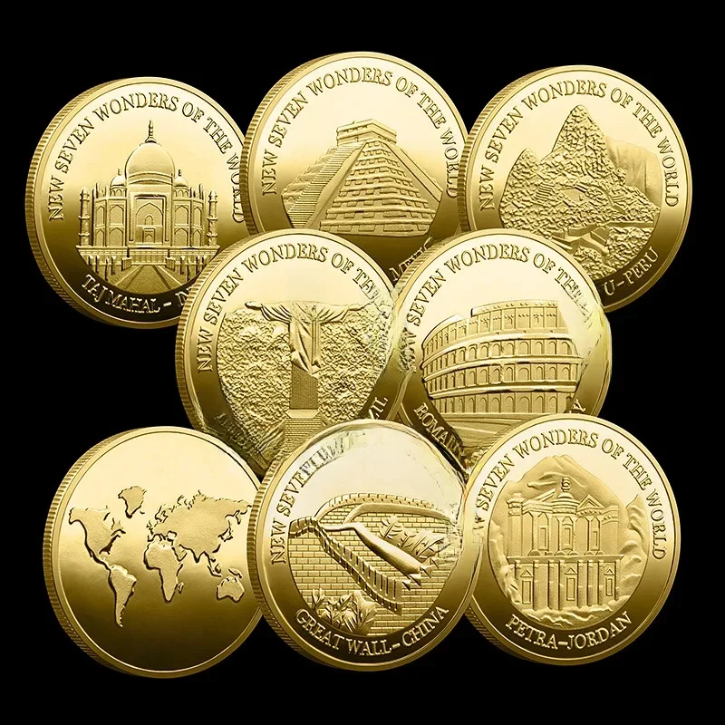 Collection de pièces de monnaie des sept merveilles du monde, Badge commémoratif plaqué or, pièce de collection de voyage
