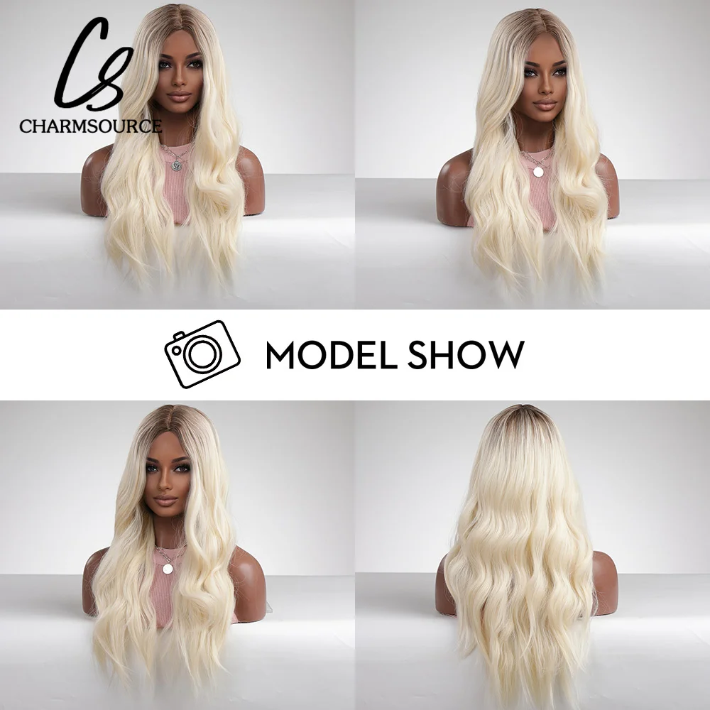 CharmSource Synthetic Wigs Long Wavy Wigs Blonde Wigs with Dark Root for Black Women Cosplay Party High Density Resistant Hair