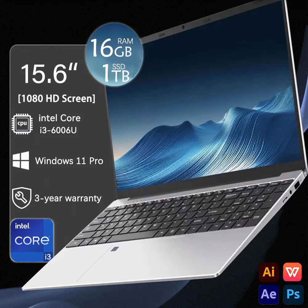 Portátil 2026 con Teclado Retroiluminado y Desbloqueo por Huella Dactilar, 15.6 Pulgadas, 16GB DDR3 RAM, 1TB/2TB SSD, Intel i3-6006U, Windows 11, para Oficina, Estudio y Juegos