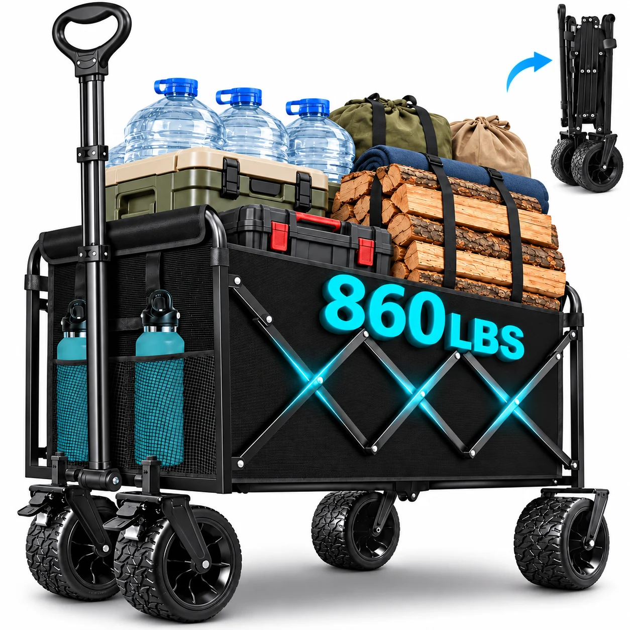 860LBS Heavy Duty Folding Wagon Cart, Large Capacity Collapsible Utility Wagon with All-Terrain Wide Wheels, Reinforced Steel Frame, 600D Oxford Fabric, Adjustable Handle & Dual Cup Holders for Camping, Shopping, Garden & Outdoor Hauling
