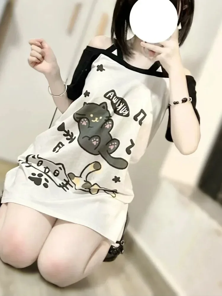 Japanische Patchwork Damen Off-Shoulder Grafik T-Shirts Kawaii Niedliche Cartoon-Print T-Shirts Top Sommer Y2k Ästhetik Grunge Tees
