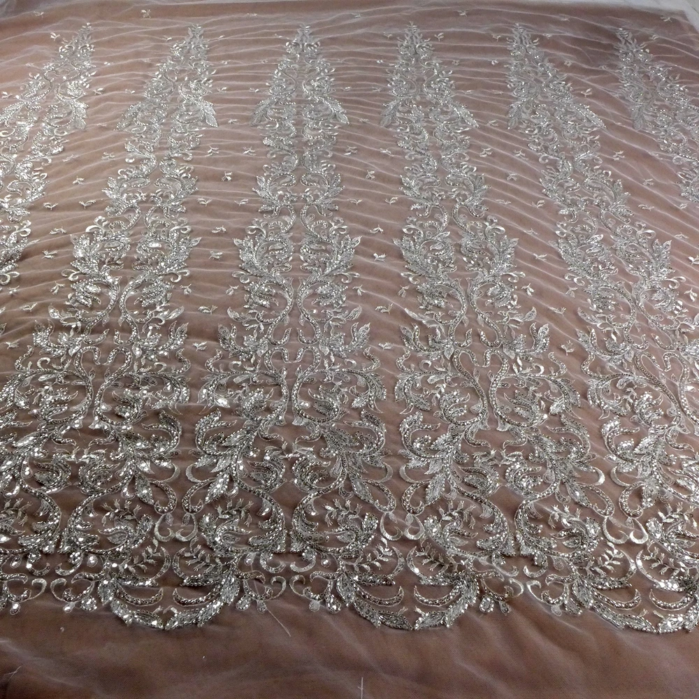 HelluyerDC Silver on ivory tull beading lace fabric,one side  patterns lace for fashion,wedding,evening,dance gown by the yard