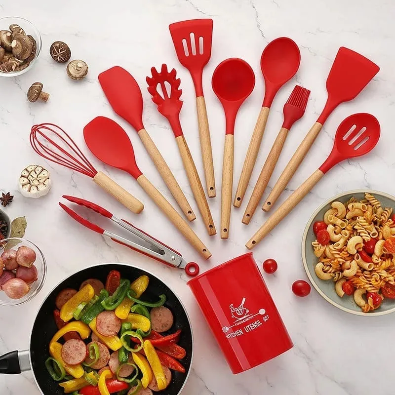 Kitchen Set Kit C/12 Pieces Red For Christmas Supper Parties Silicone Utensils Non-stick Wooden Cable New Year