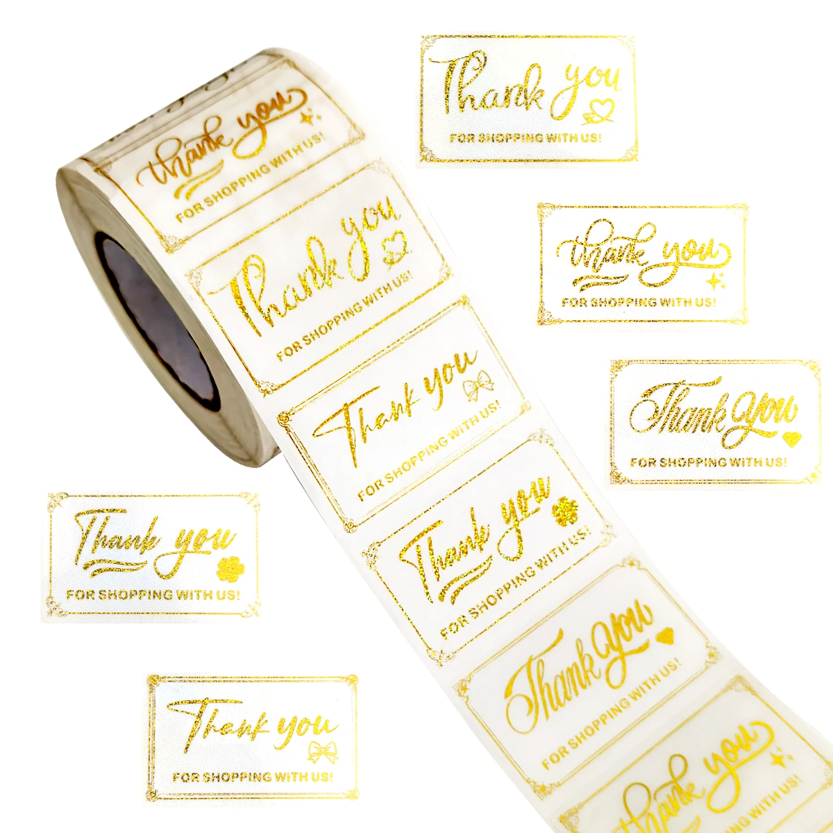 

500 шт. рулон наклеек «Спасибо» — прямоугольные клейкие этикетки 5 × 3 см с эффектом фольги для подарочных пакетов, коробок и деловой упаковки