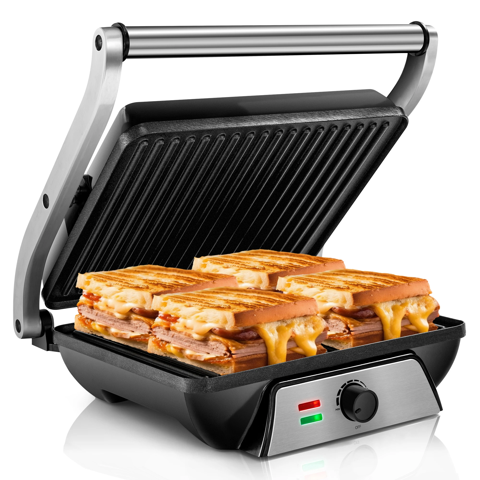 Elektrische Panini-Grillplatte für gegrillte Käsesandwiches, 4-Scheiben-Antihaft-Edelstahlgrill mit Steuerung, schwarz