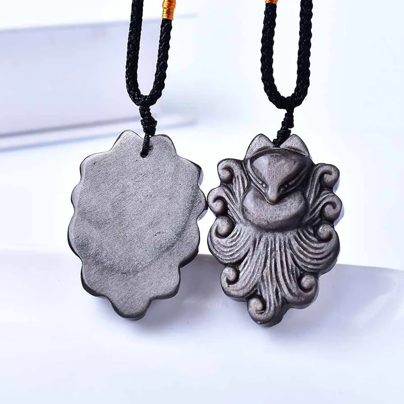 Natural Silver Sheen Obsidian Nine-Tailed Fox Crystal Pendant Necklace For Men Women Lucky Amulet Gemstone Stone Animal