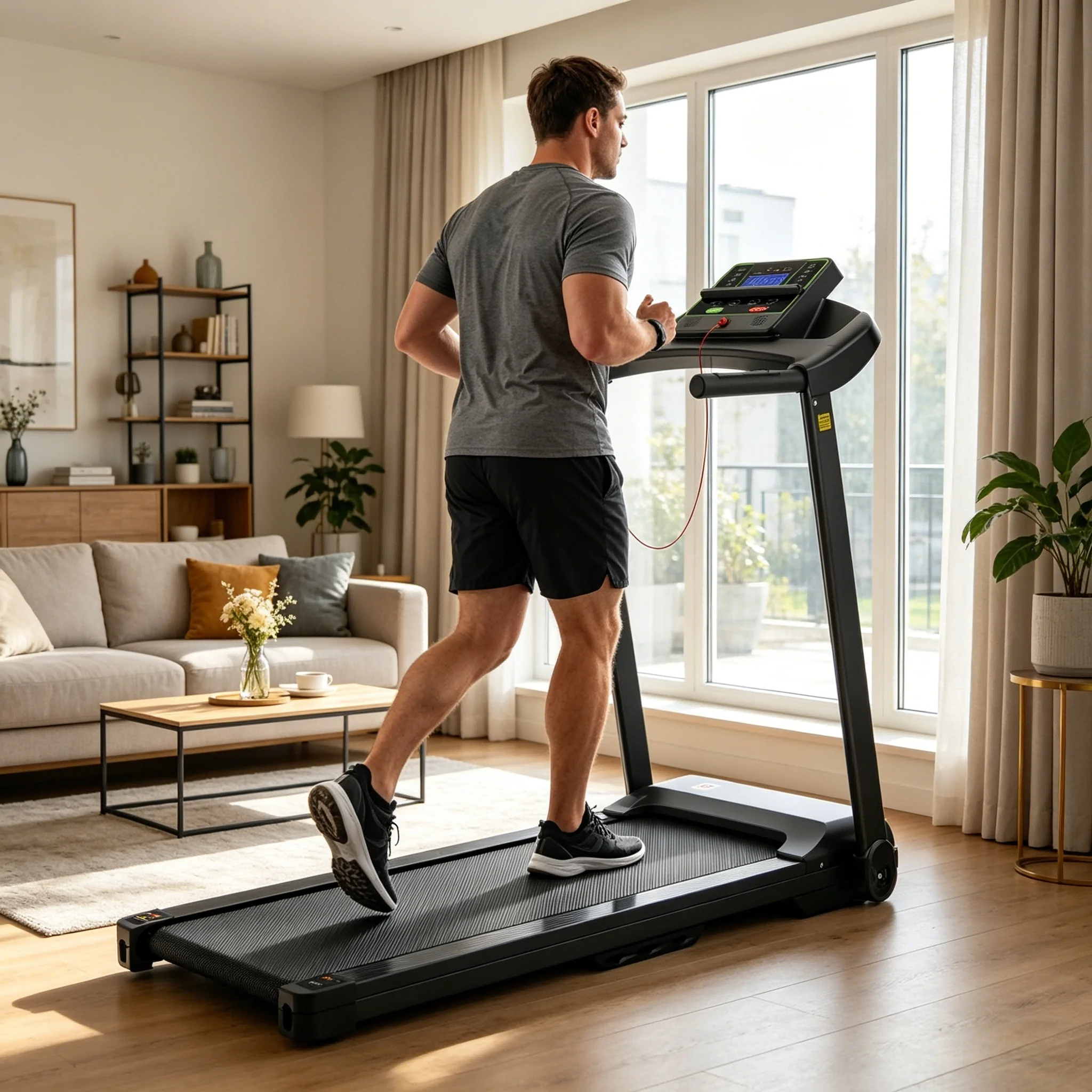 Tapis de marche noir avec 12 + 3 modes d'entraînement, application, charge de 120 kg, bande de course de 100x39 cm, affichage LED, support tablette, vitesse 12 km/h