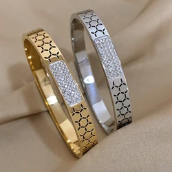 Luxury Full Rhinestone Honeycomb Stainless Steel Bangles Bracelets for Women Vintage Gold Silver Color Smooth Waterproof Jewelry