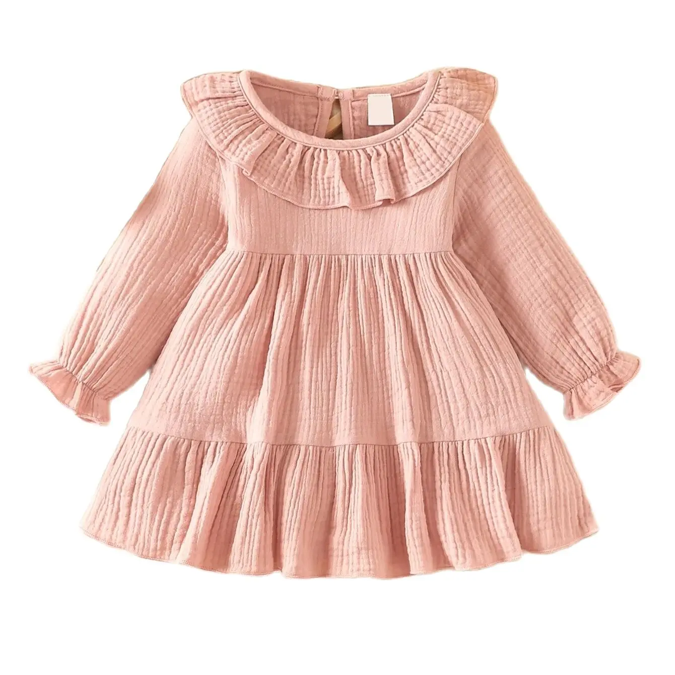 Kids Linen Cotton Dress Long Sleeve Baby Girls Sweet Style Muslin Cotton Casual Dress