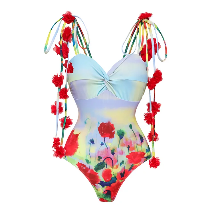 2024 New Women Tie-shoulder Phantom Garden One Piece Swimsuit and Sarong Swimwear Beachwear Bathing Suit Bikini Two Piece