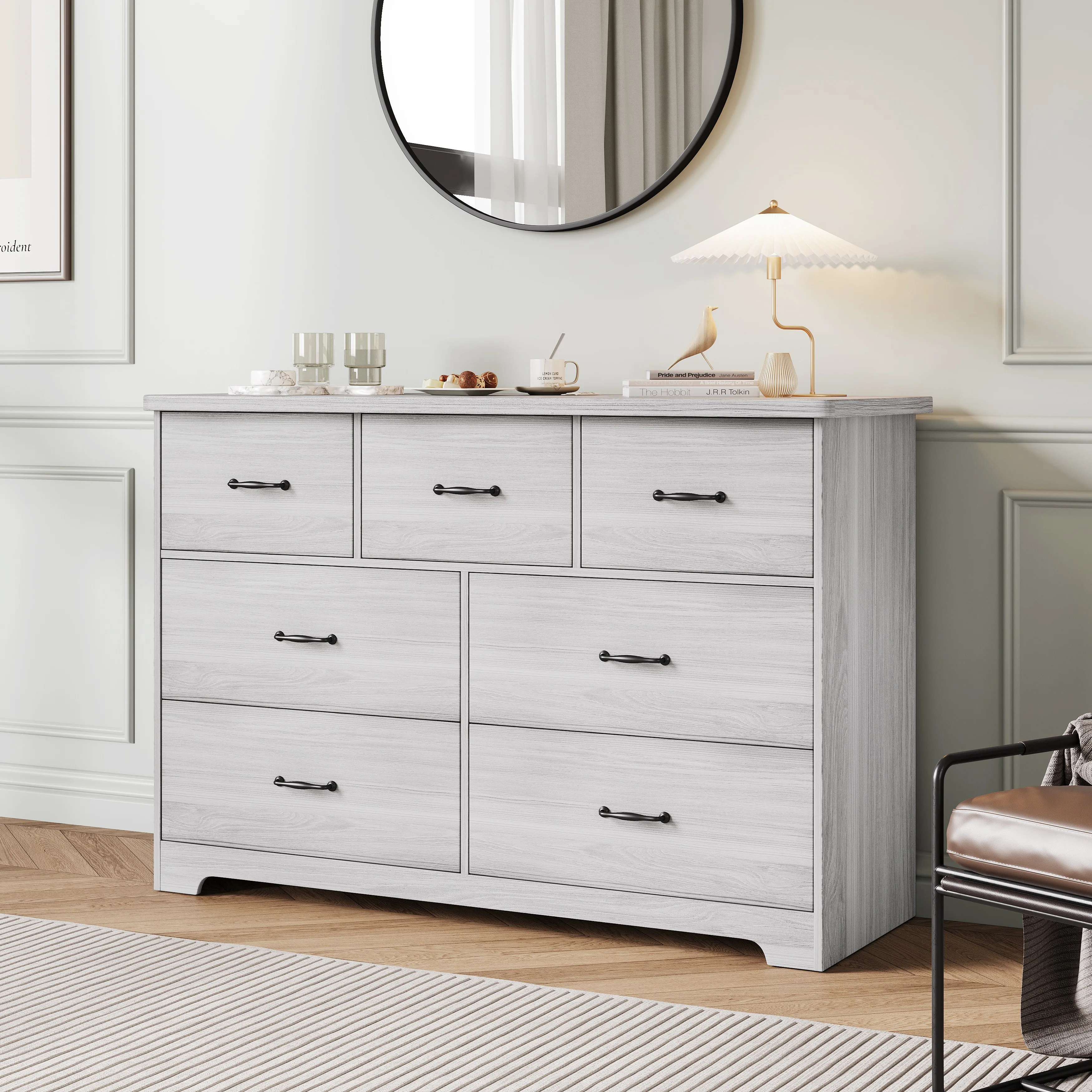 Modern style seven drawer dresser dining cabinet Ample storage space Suitable for living room, children's room Semi-gloss white