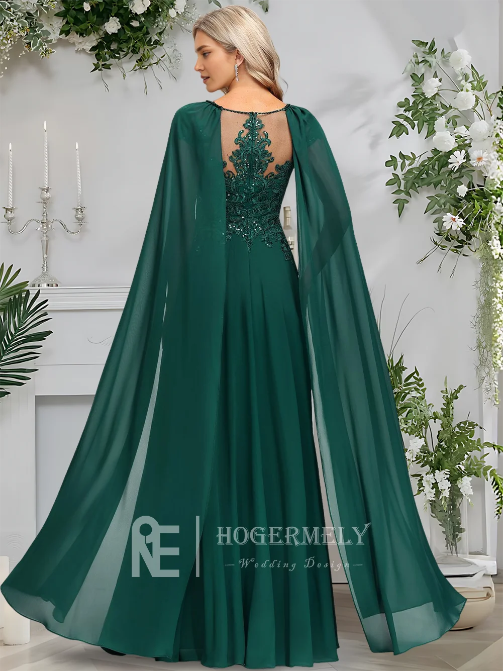 

​​A Evening Dress Dark Green A-Line Scoop Illusion Chiffon Lace Prom Gown Elegant Floor-Length Sequins Wedding Party Formal