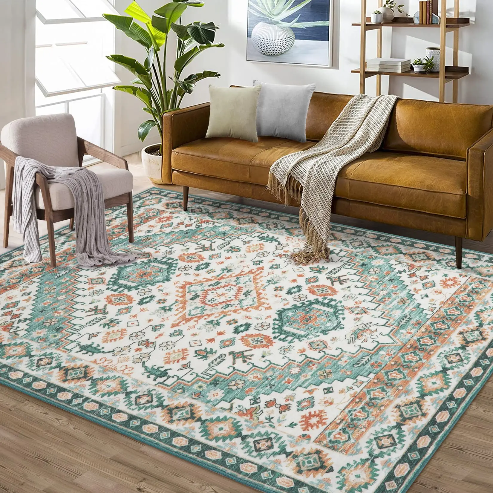 Tapis vintage lavable et antidérapant pour salon, chambre, cuisine et couloir - Entretien facile, design moderne - Couleur : vert orange, taille : 160x230 cm - 160*230cm