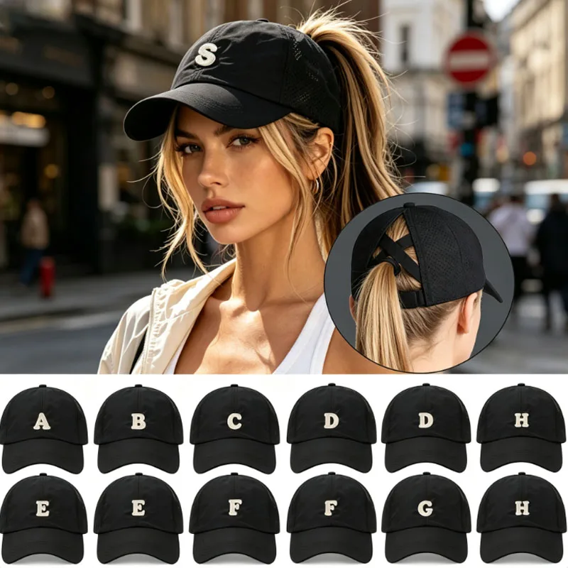 1Pc A-Z Letters Criss-Cross Ponytail Mesh Baseball Cap, Adjustable Sun Protection Casual Hat, Travel Beach Y2K Style