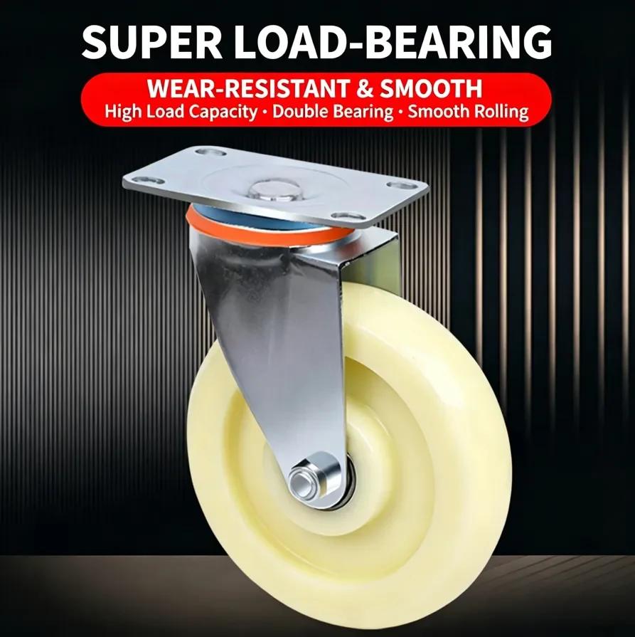 Medium Duty White Nylon Trolley Casters, 3 Types Swivel Fixed Locking Wheels for Flat Platform Tool Cart, Sold as Set of 4 Pcs