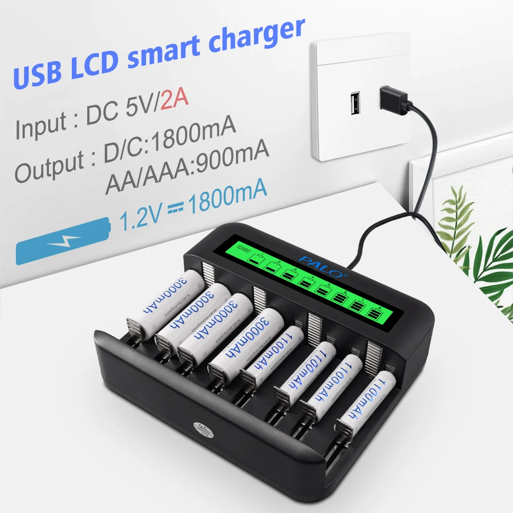 Universal 8 slots LCD Display Smart Battery Charger EU/US Plug for 1.2V Ni-MH Ni-CD AA/AAA/C/D Size Rechargeable Batteries