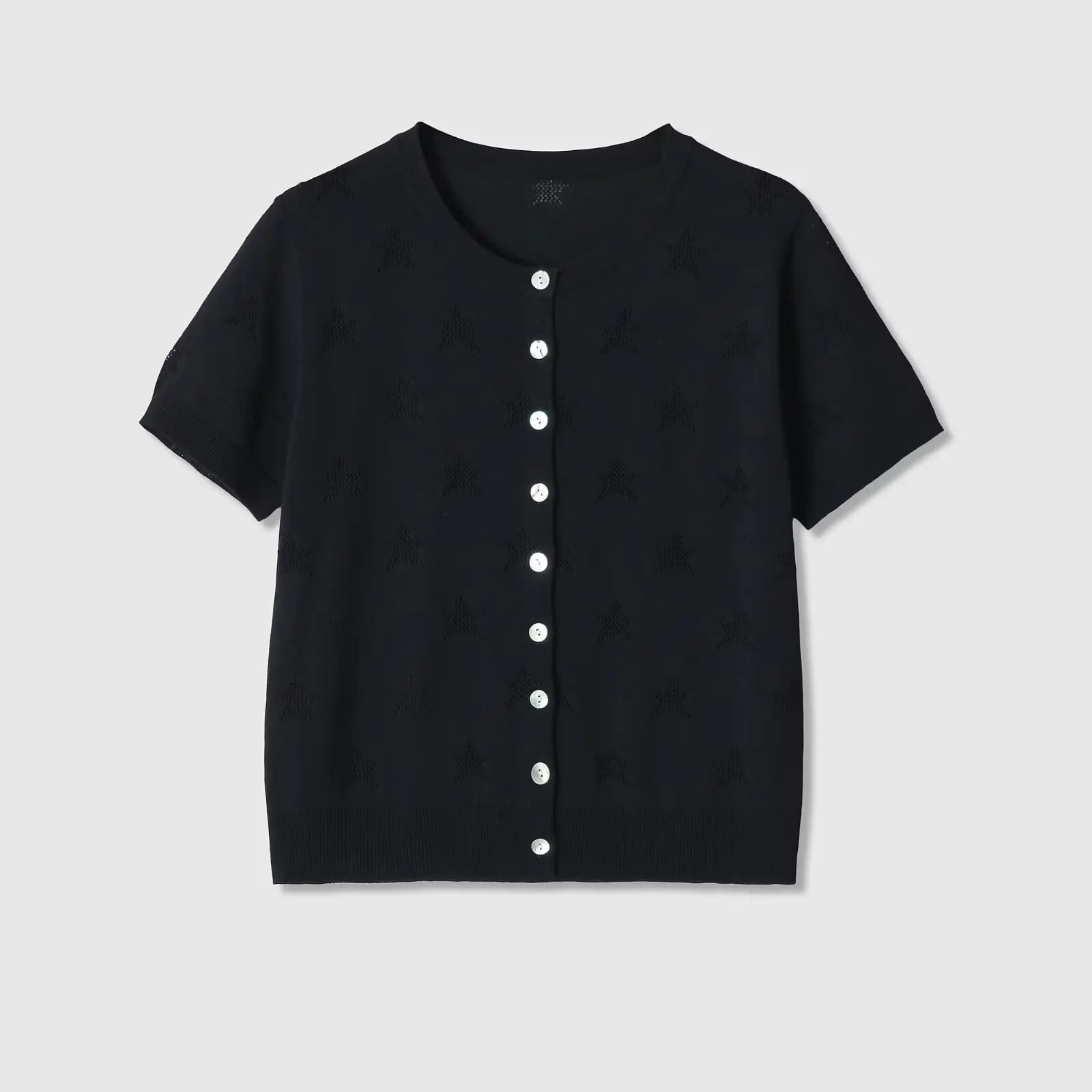 French Style Knitted Top Women Chic Pointelle Sweaters Fashion Star Pattern Single Breasted Blouses Casual Short Sleeve Clothes