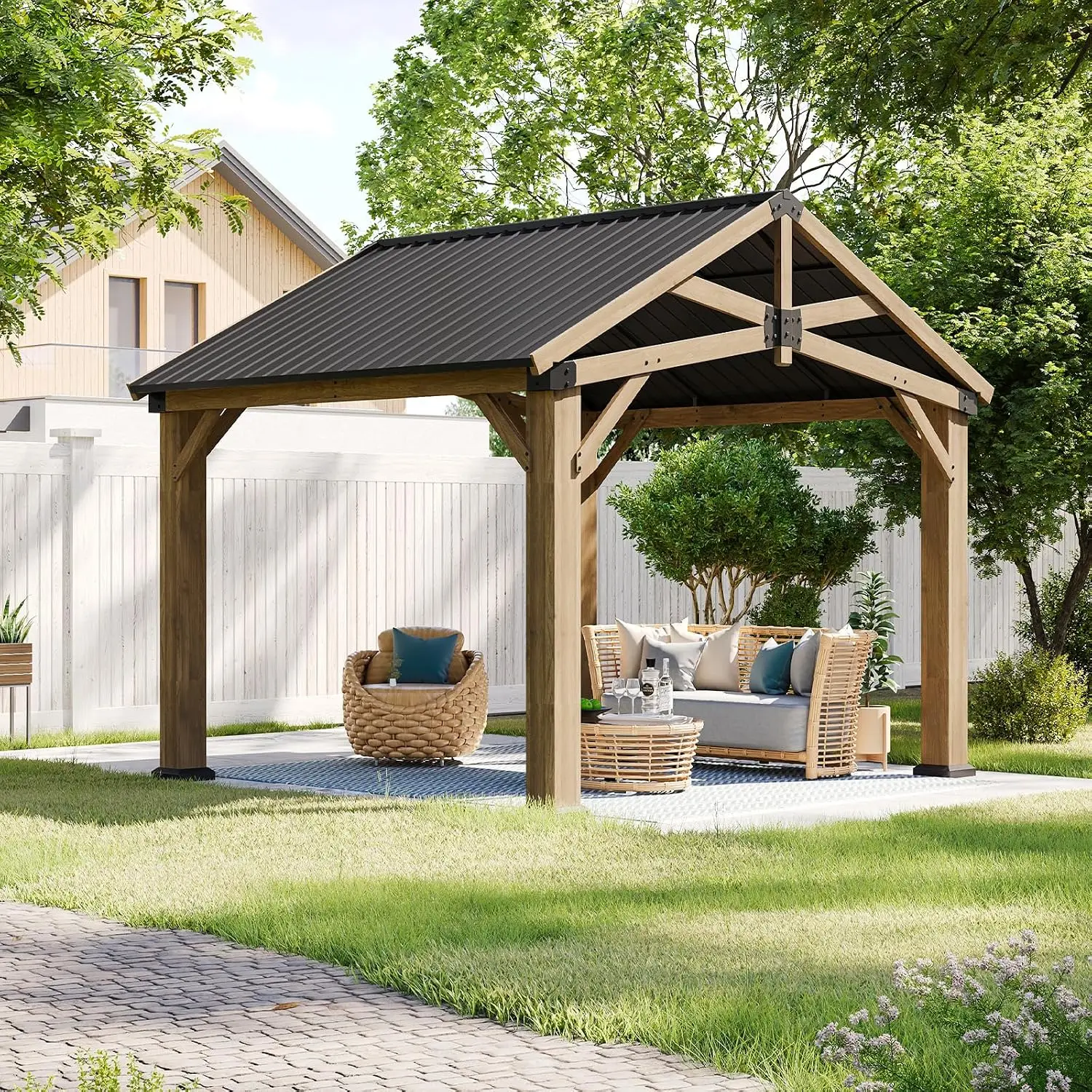 Nordivale 10x12ft Outdoor Cedar Wood Pavilion Hardtop Permanent Wooden Structure With Galvanized Steel Gable Roof For Decks Gardens Courtyards And Backyards
