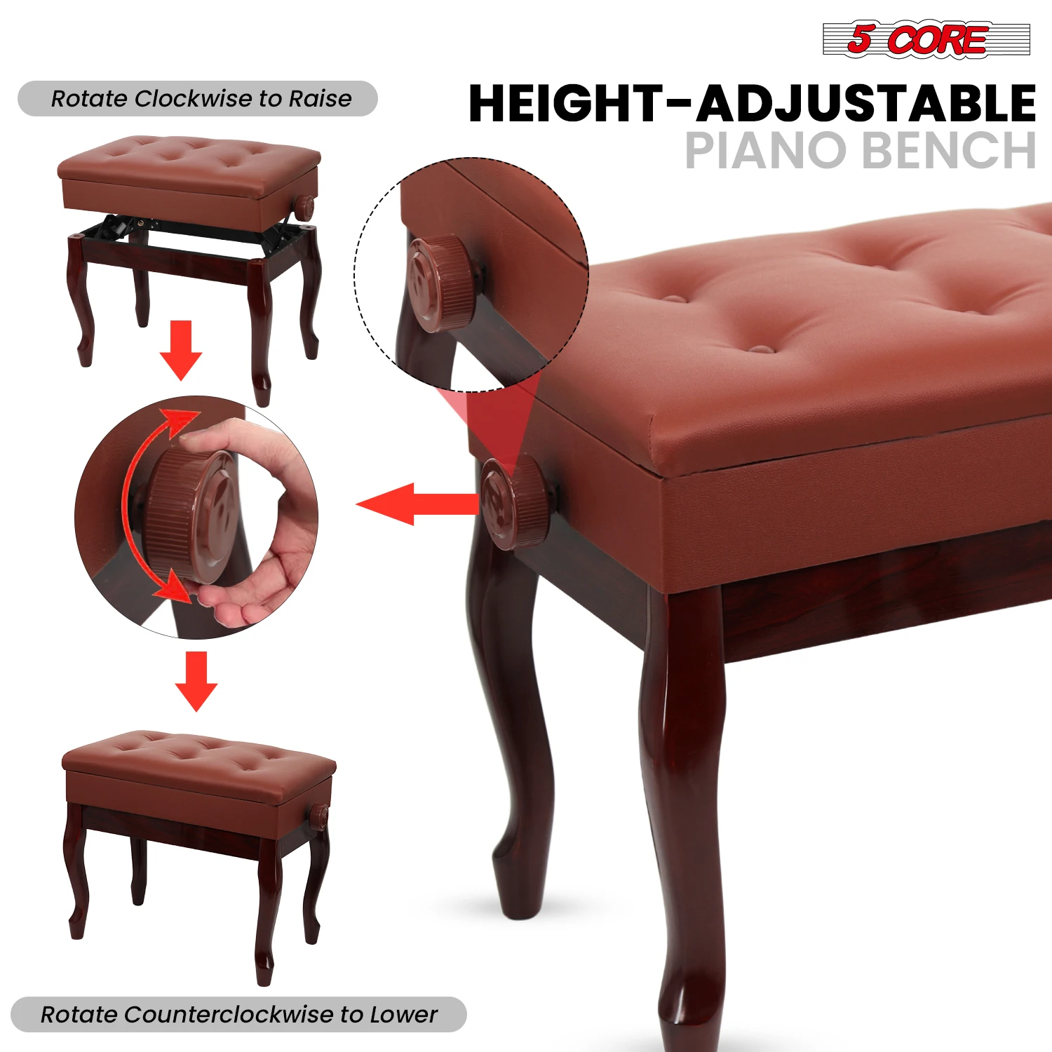 5 Core Piano Bench with Storage Wooden Adjustable Keyboard Stool Heavy Duty Padded Cushioned Seat PNB WD HD CHRY view 3