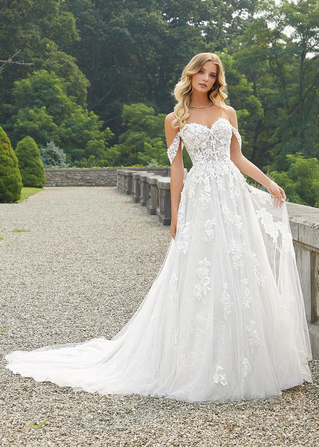 

Lace Lawn Wedding Dresses for Bride Tulle Off The Shoulder Appliqued Bridal Wedding Gowns