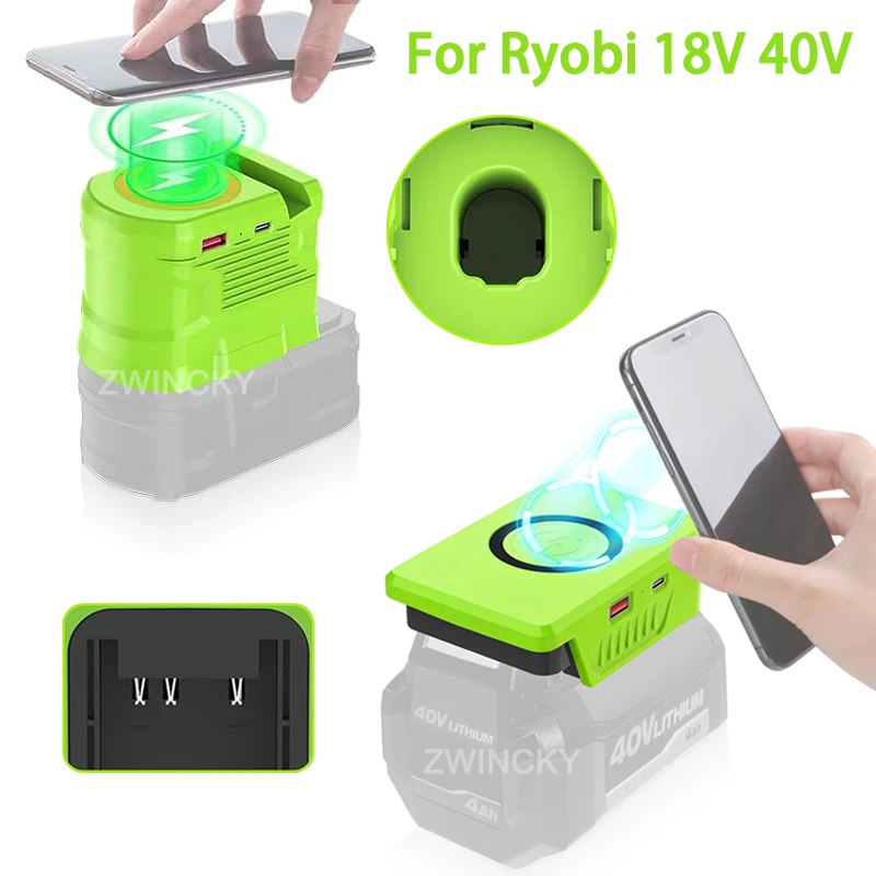 For Ryobi 18V 40V Li-ion Battery Wireless Phone Charger Adapter With USB Type-C Output Port Portable Power Bank for Camping