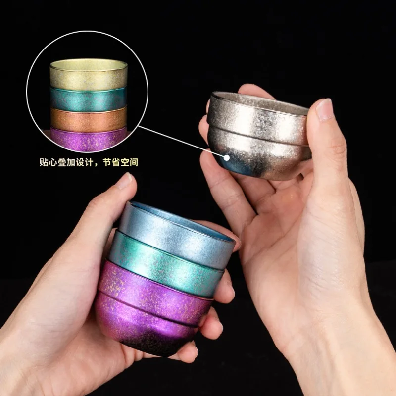 6PCS/SET, 45ml Pure Titanium Kung Fu Teacup Set,Double Layer,Heat Proof,All-IN-ONE Storage,Businee Gift,Portable Outdoor Tea Set