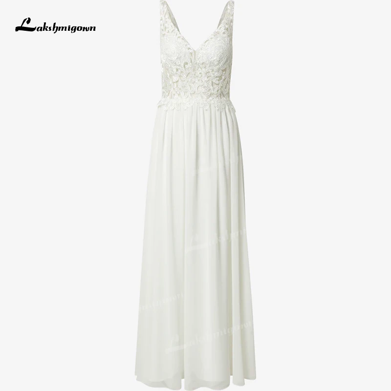 Vestido de novia bohemio con escote en V, tirantes finos, espalda abierta, Apliques de encaje, línea A, gasa, para barrer