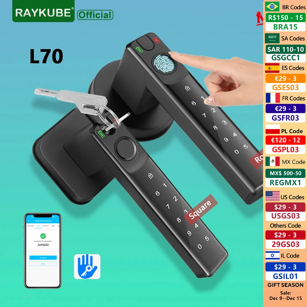 

NEW RAYKUBE L70 TT Lock Bluetooth Smart Fingerprint Door Lock Password Lock with Keys APP Unlock For Indoor Bedroom Wooden