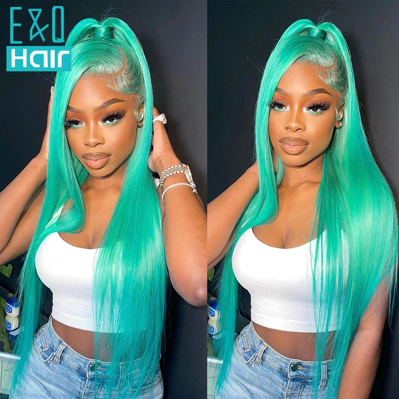 

Straight Mint Green 13x4 Lace Front Wig T Part Human Hair Wigs For Women Pre-Plucked Frontal Wigs Brazilian Virgin On Sale