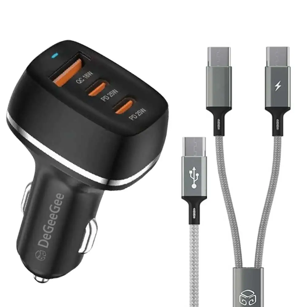 Digital Car 68W QC3.0 PD PPS C Type USB 3 Port ultra fast charger + C Type 2in1 fast charging cable