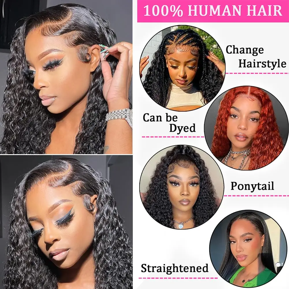 13x4 Deep Wave Lace Front Wig Human Hair 180 Density Transparent Lace Frontal Wig Pre Plucked with Baby Hair Natural Black Color