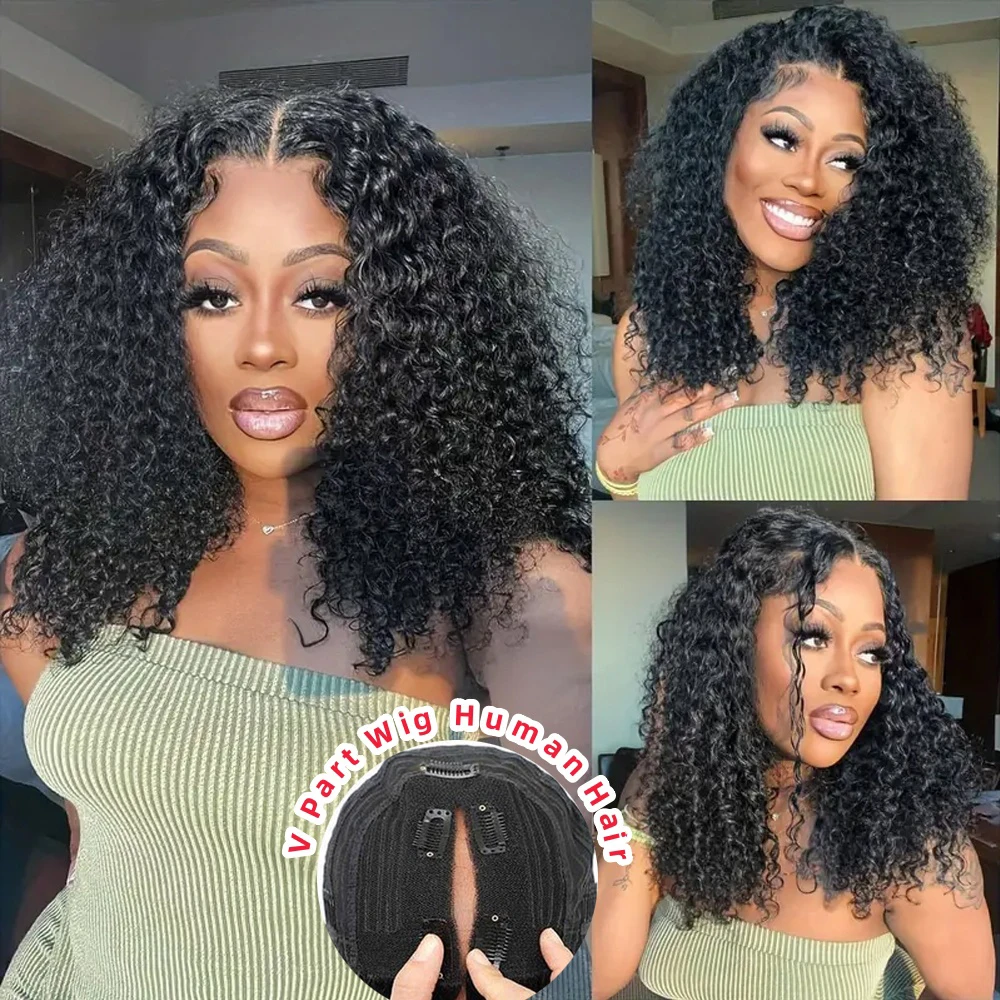 

V Part Wigs Human Hair Wigs Deep Wave V Shape Wigs No Lace Front Wigs Upgrade 250% Density Glueless Full Head Clip In Half Wigs