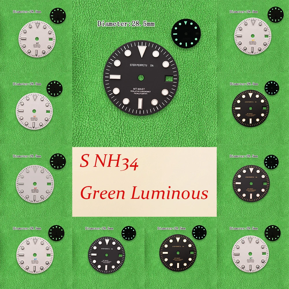 S-Logo-Zifferblatt NH34 Zifferblatt 28,5 mm Weißes GMT Mattes Zifferblatt Passend für NH34 Uhrwerk Grüne Leuchtfunktion Uhren-Modifikationszubehör