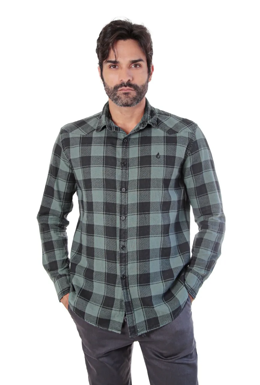 MALE CHESS SHIRT LONG SLEEVE SLIM GREEN BOTANIC/BLACK SLIM MODELING