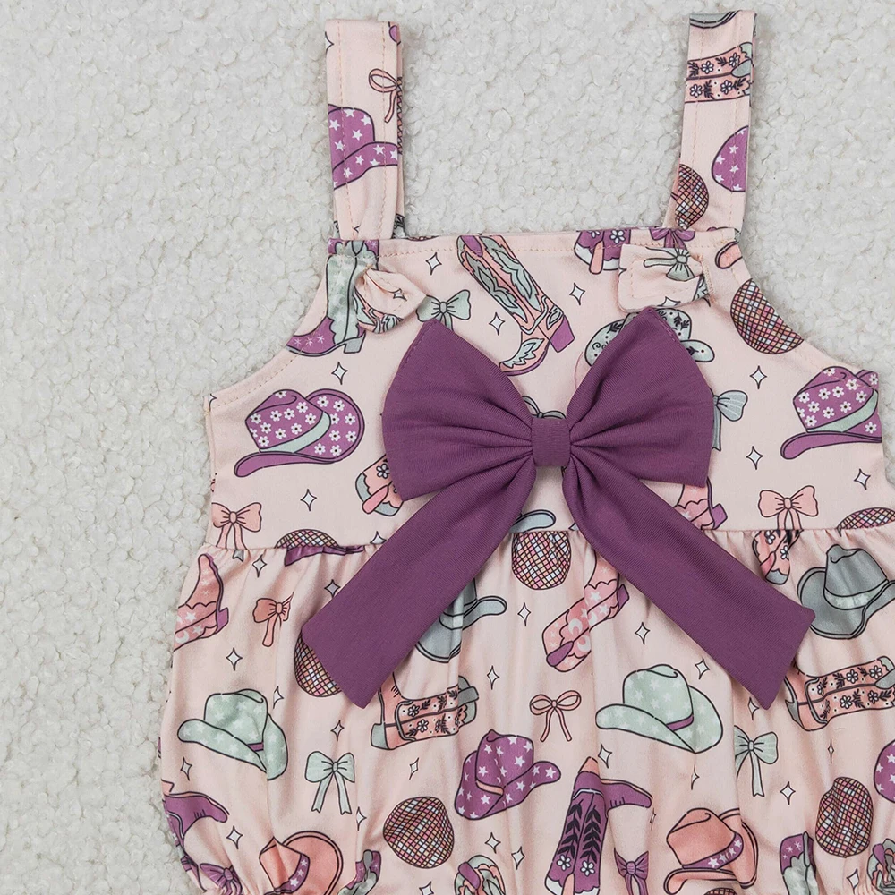SR2897 Baby Girls Summer Rompers Baby Infant Girls Pink Strap Hats Boots Purple Bow Top Ruffle Rompers