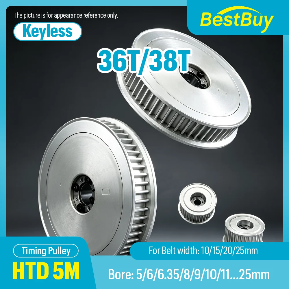 36T/38T HTD 5M Timing Pulley, Keyless Bushing Bore 5-28mm, Fits 10/15/20/25mm HTD 5M Synchronous Belt, Mechanical Drive Parts