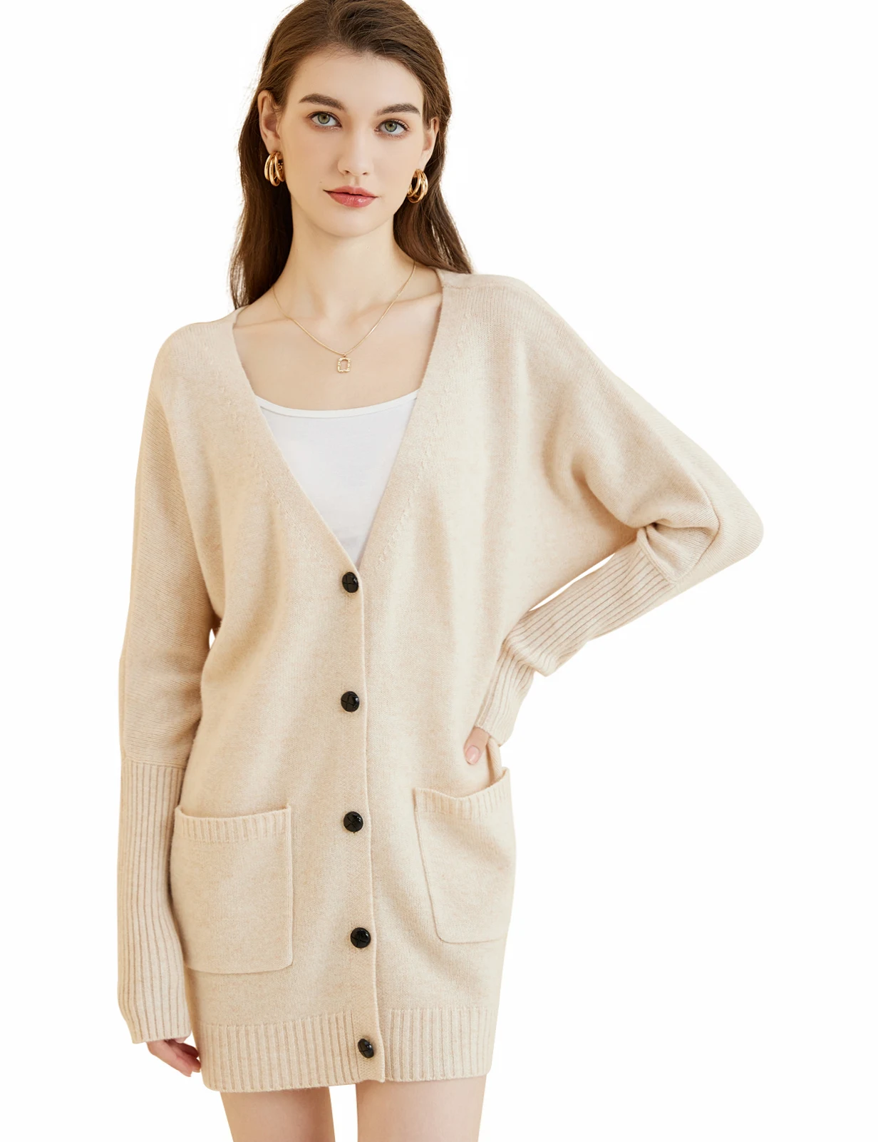 LONGMING Women's Cardigan Merino Wool Sweater with Pocket 2023 Fall Winter V-Neck Cardigan Long Sleeve with Buttons Sweater Coat