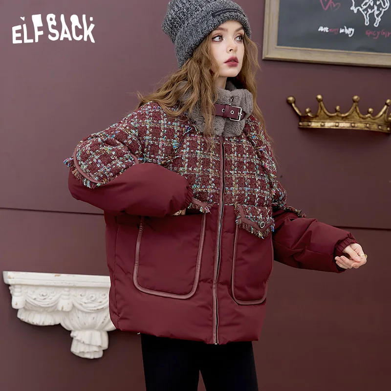 ELFSACK 2024 Inverno Novidades Ancora vermelho contraste costura jaqueta para mulheres