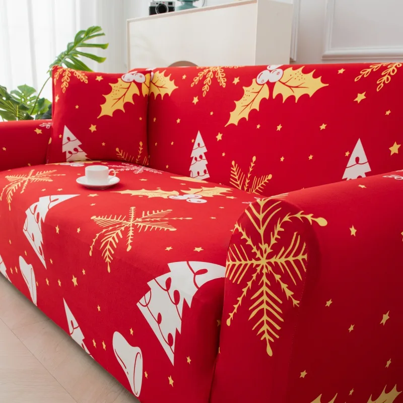 

1pc printed milk silk high-elasticity sofa cover, Christmas tree, snowflake, bell, Christmas sofa cover