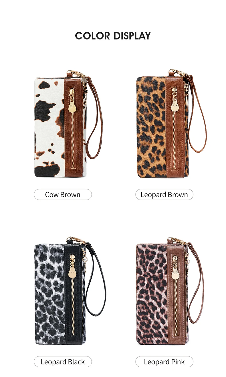 Vintage Damen-Geldbörse mit Leopardenmuster, Doppelreißverschluss, PU-Leder, lange Geldbörse, multifunktionale Kreditkarten-Clutch mit Handgelenkschlaufe – Detail 6