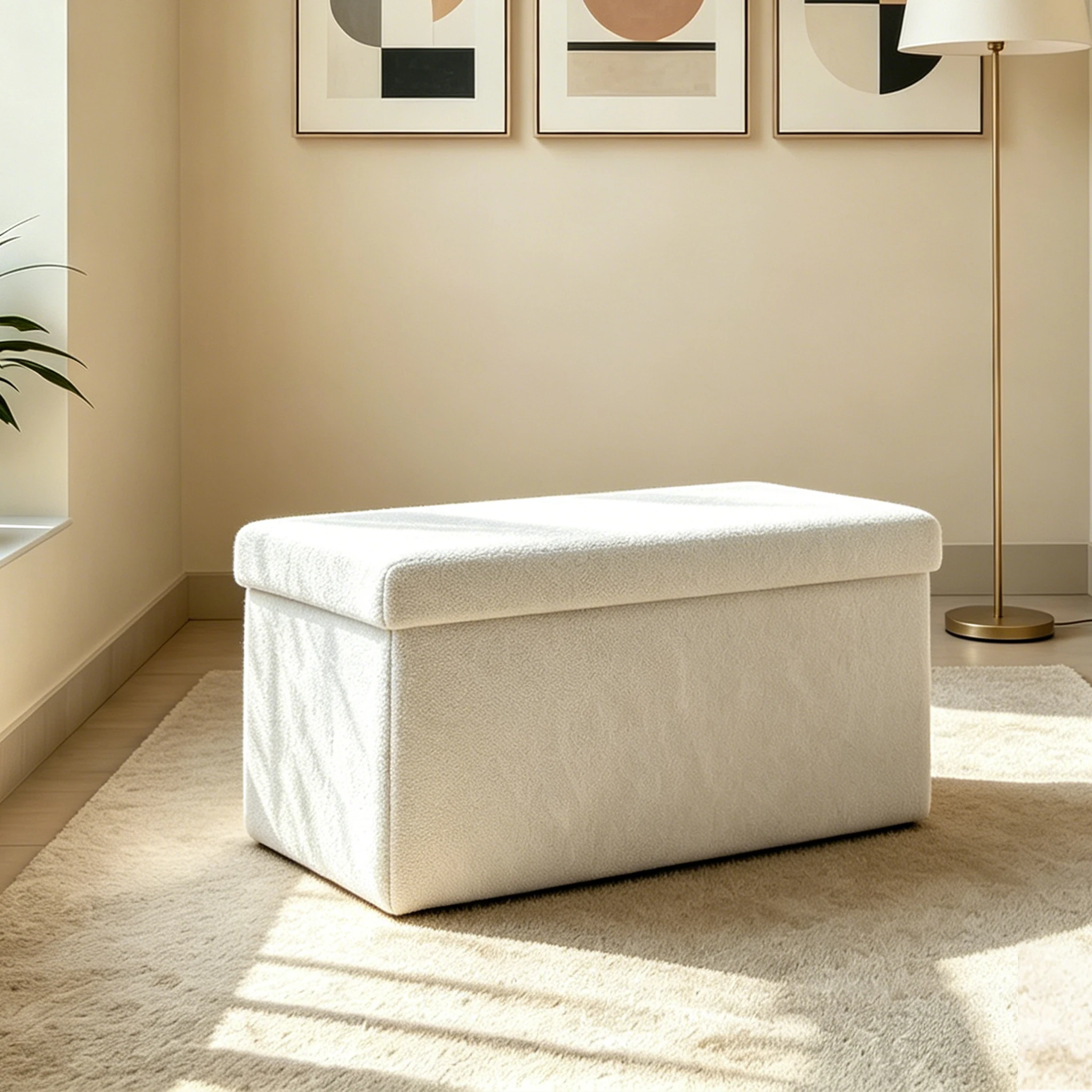 Taburete reposapiés tapizado en felpa suave, baúl plegable con gran espacio de almacenamiento, estructura resistente soporta hasta 300kg, con tapa extraíble, mueble práctico para entrada, dormitorio y sala de estar