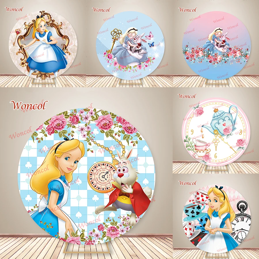 Alice in Wonderland Round Backdrop Teapot White Rabbit Alice Circle Cover Child Birthday Baby Shower Background