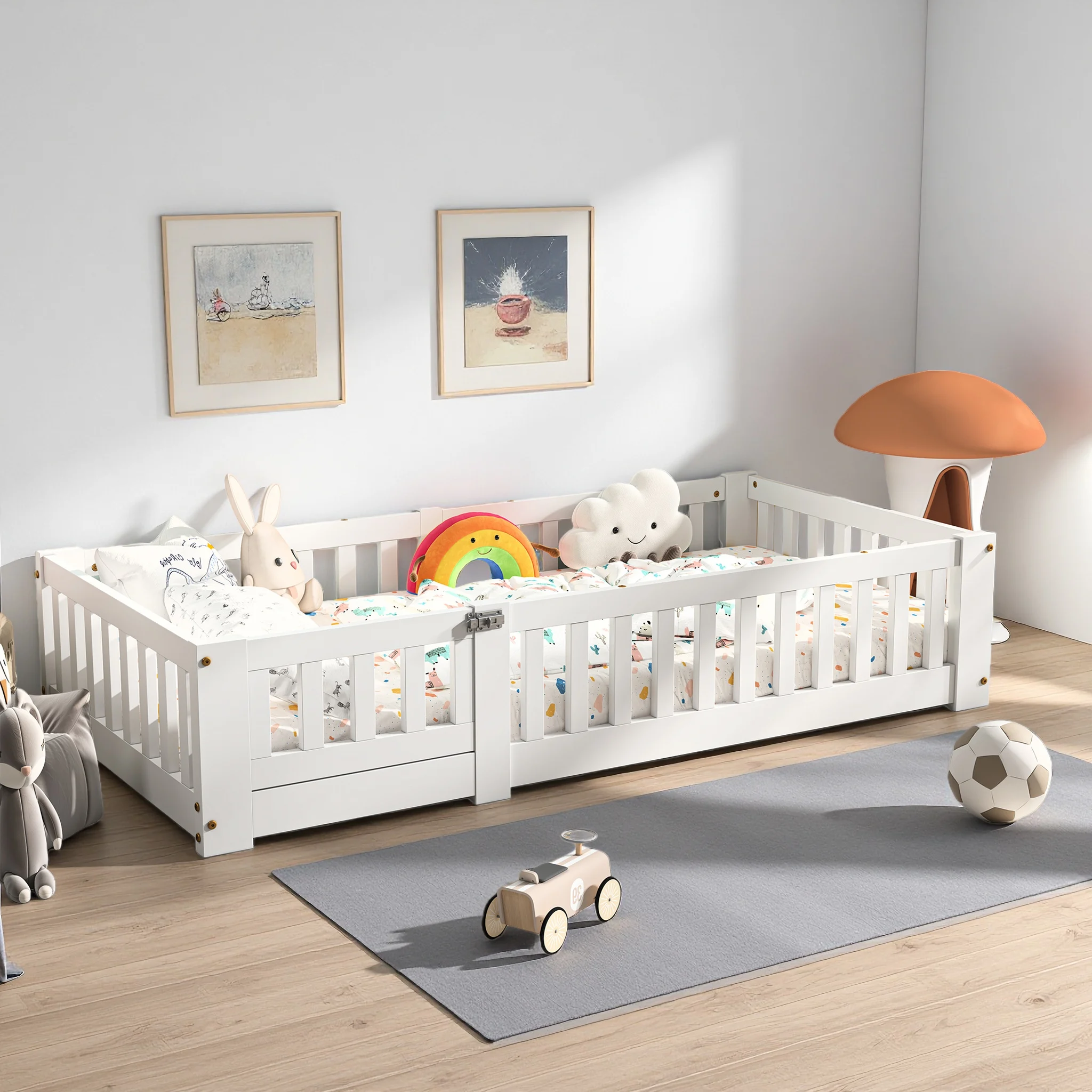 Lit Enfant 90x200 cm, Lit Montessori au Sol, Cadre de Lit Bois avec Barrières de sécurité pour Chambre Enfant, Lit bébé avec Sommier à Lattes pour garçons et filles, Non matelas, Blanc