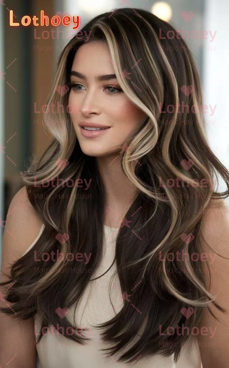 Градиент Натуральный коричневый Выделенный натуральный блеск Окрашенный белым золотом Индивидуальный повседневный парик на шелковой основе Парик с объемной волной Человеческий w