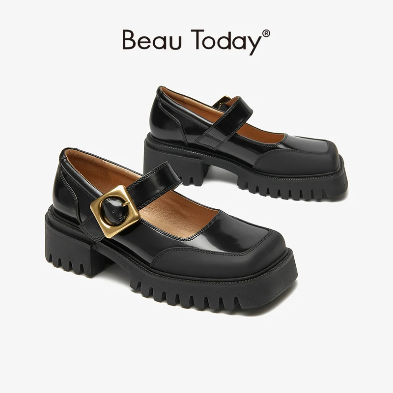 

BeauToday Mary Janes Women Genuine Cow Leather Square Toe Platform Sole Buckle Strap Female Flat Shoes Handmade 28462