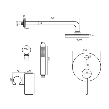 拉絲金淋浴系統套裝,含8-12吋雨淋式壁掛淋浴龍頭、冷熱水分水器及浴室水龍頭 6 最佳銷售 淋浴龍頭套裝 - №6