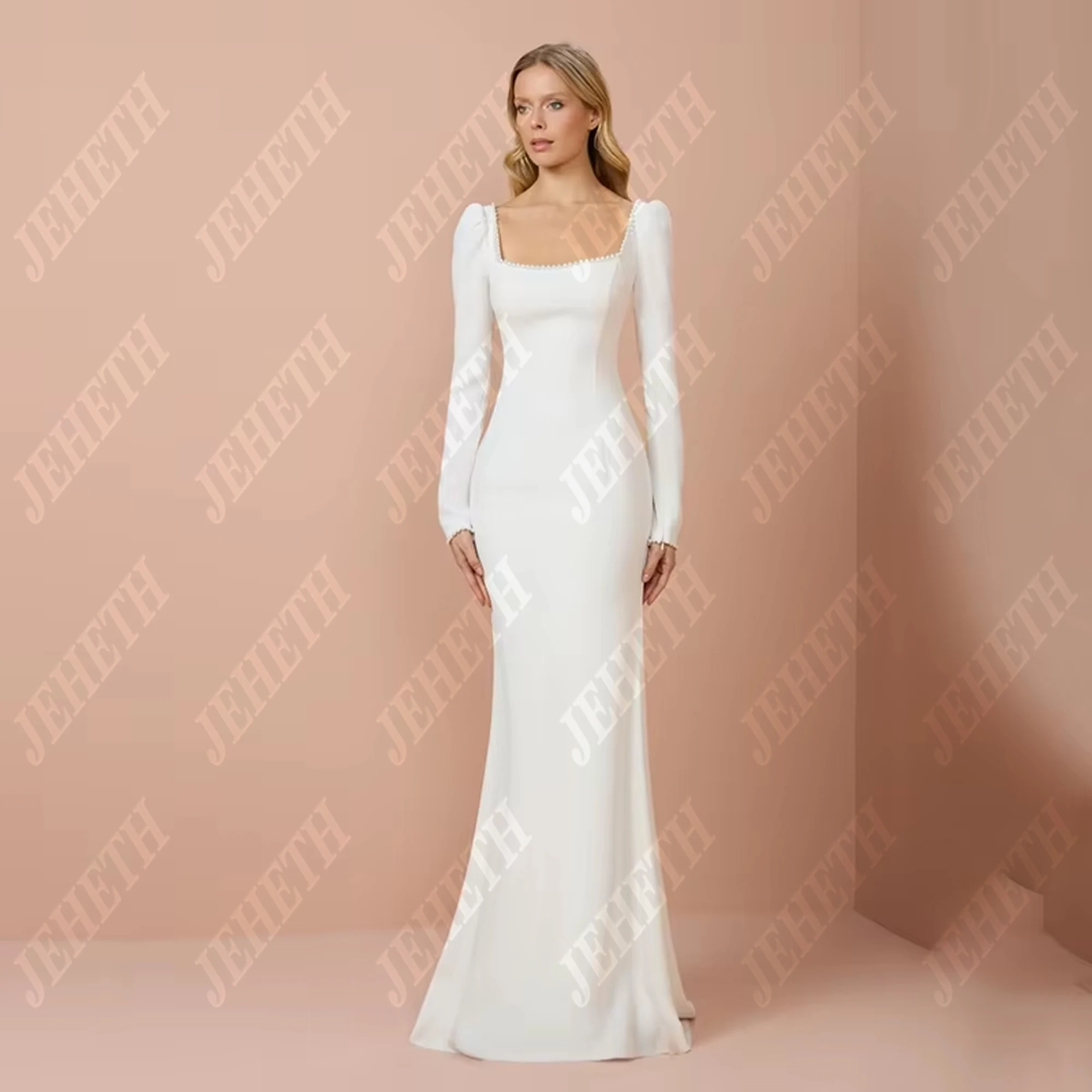 JEHETH Bescheidene Meerjungfrau Brautkleider mit quadratischem Kragen und langen Ärmeln, Prinzessin Brautkleid, rückenfreies Brautkleid, individuell gestaltet